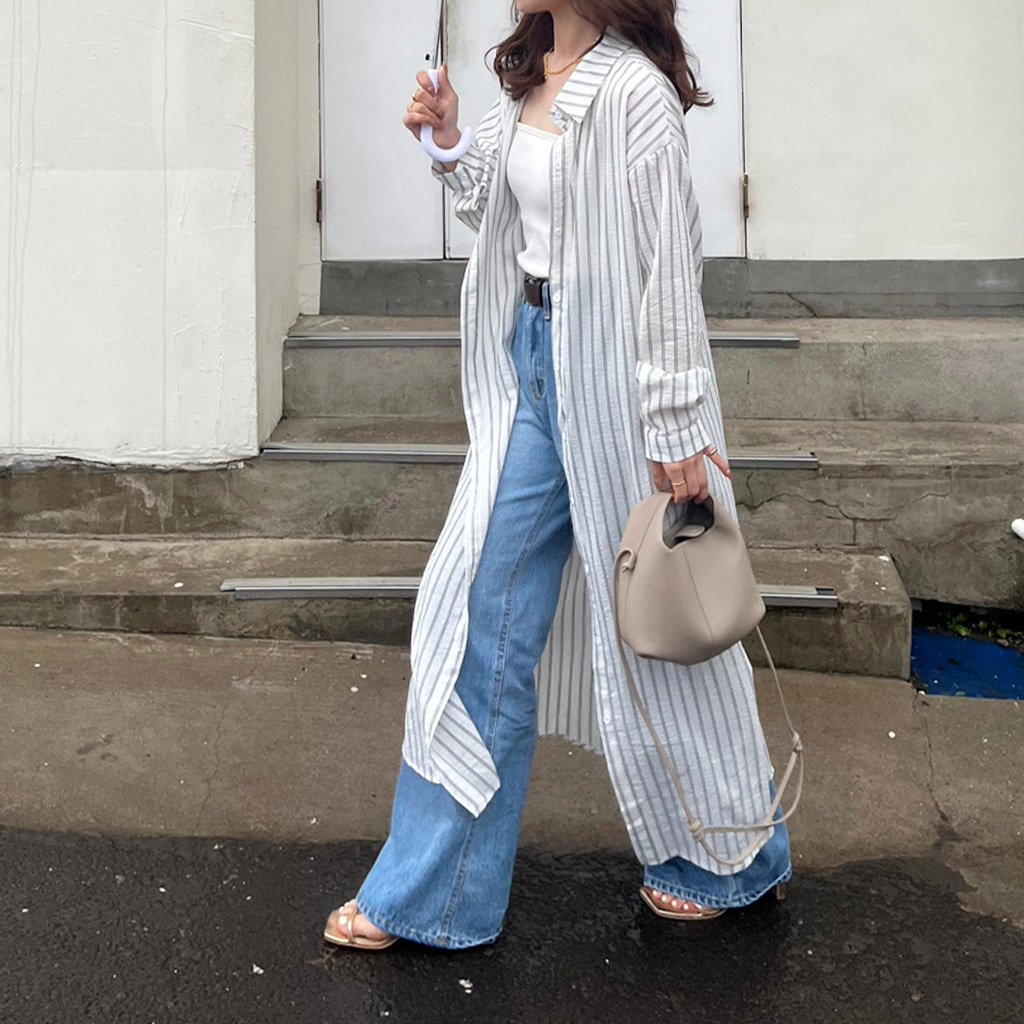 ストライプシャツワンピース×ワイドパンツ