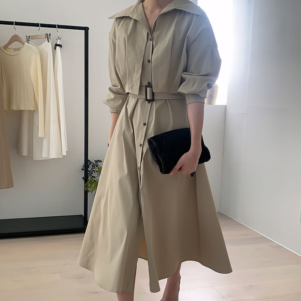 トレンチベルトAラインシャツロングワンピース×クラッチバッグ