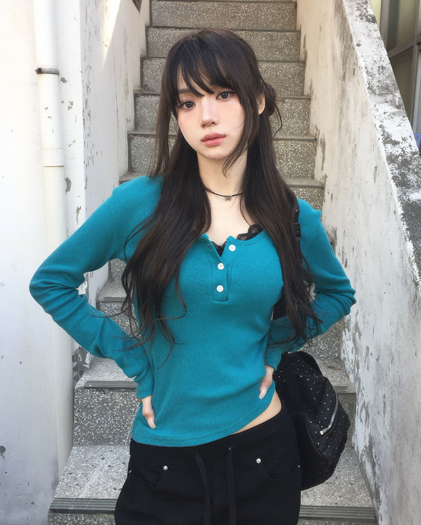 (4color)ヘンリーネックパンチングTシャツ