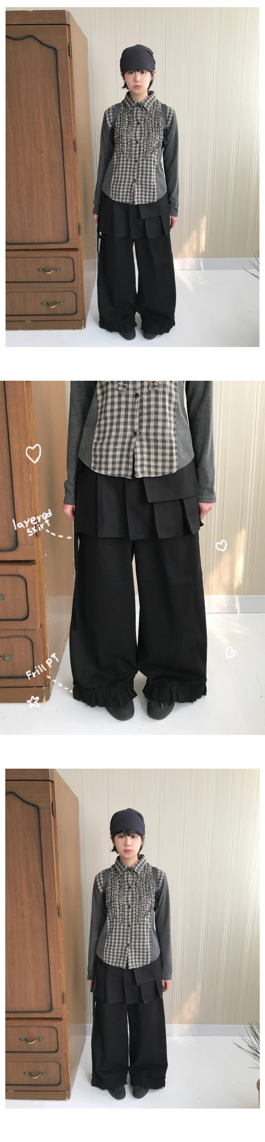 frill wrap skirt wide pt (beige / black) | ファッション通販