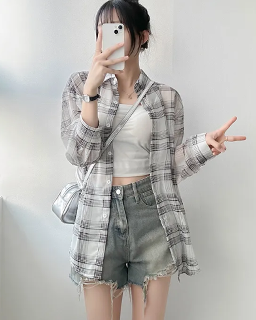 オーバーサイズシースルー長袖チェックシャツ | ファッション