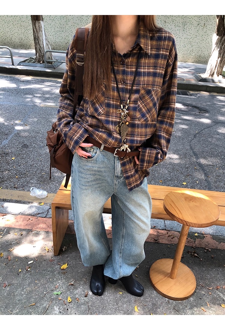 チェックブラウン長袖シャツ | ファッション通販サイト NUGU