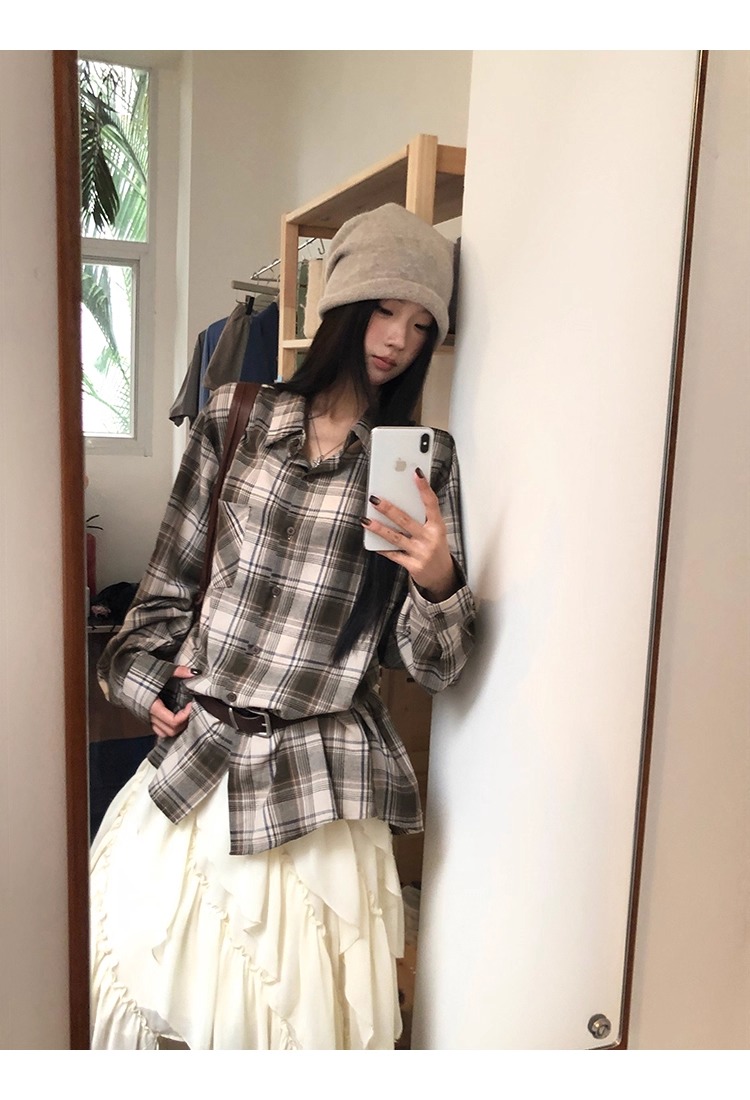 ベルト付きチェックルーズ長袖シャツ | ファッション通販サイト NUGU