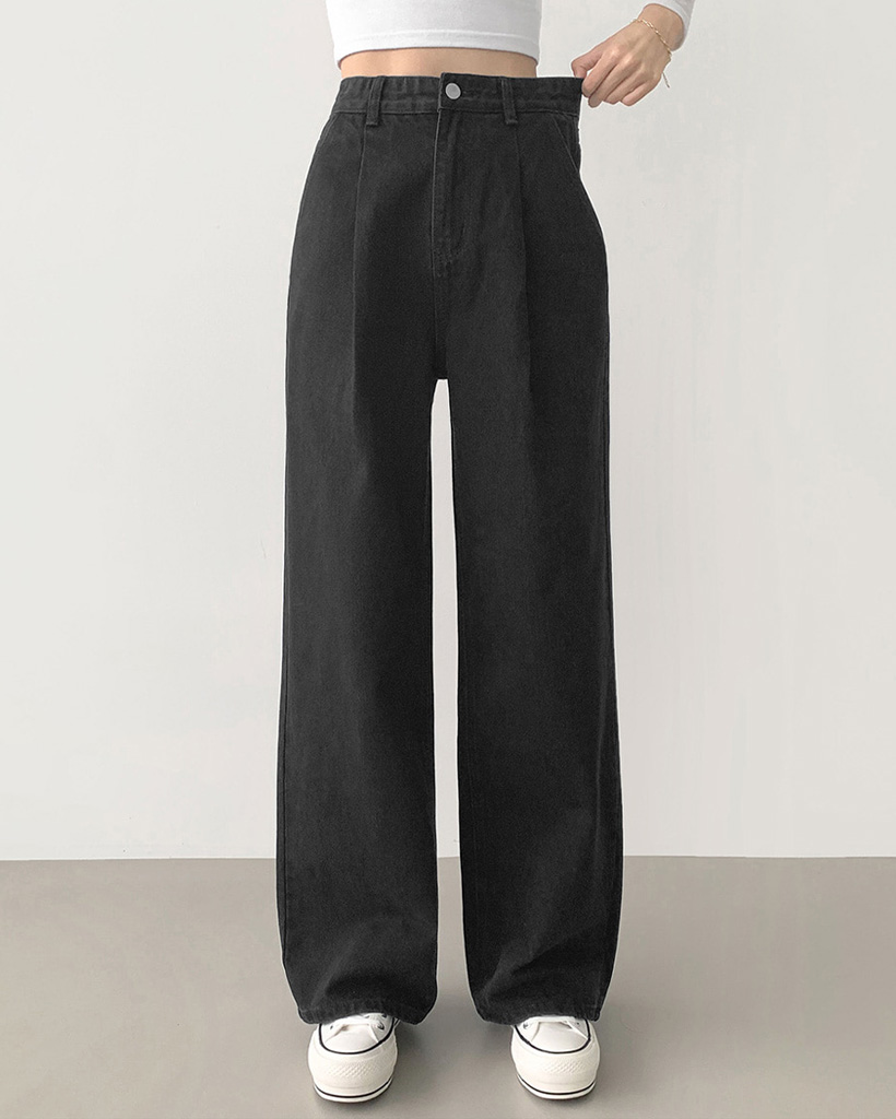 [short/basic/long][選べる着丈]タック入りゴムウォッシュロングワイドデニムパンツ/裏起毛VER.