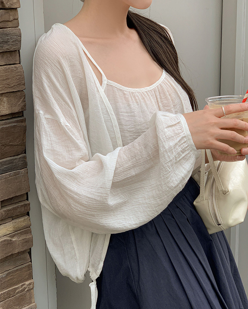 [original/S-XL/SET]シャーリングノースリーブVネックカーディガンセット