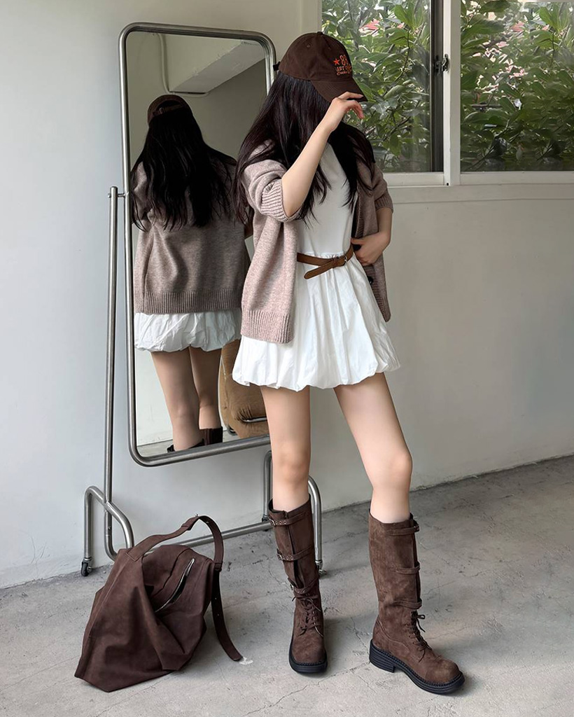 4cm]タニスエードバックルレースアップロングブーツ | ファッション