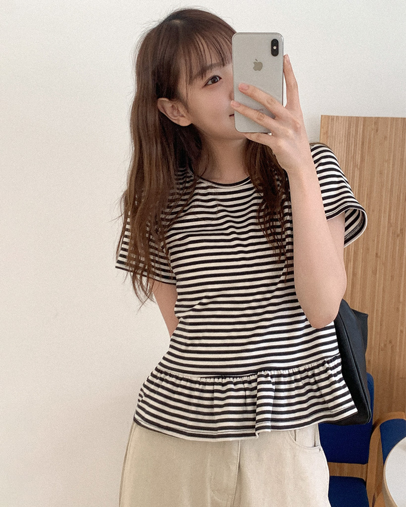 ボーダーフリル半袖Tシャツ