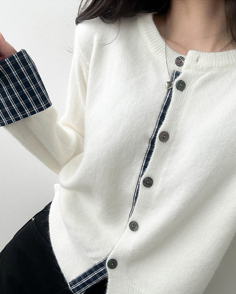 チェックシャツレイヤードニットカーディガン