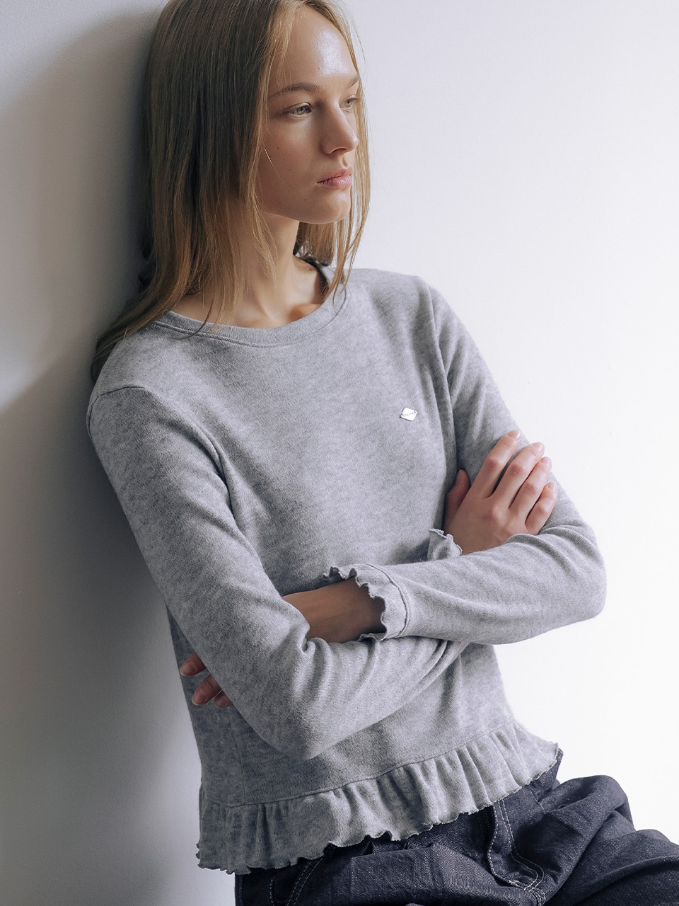 Wool blended frill detail t-shirt TIWT01LT04_Gray