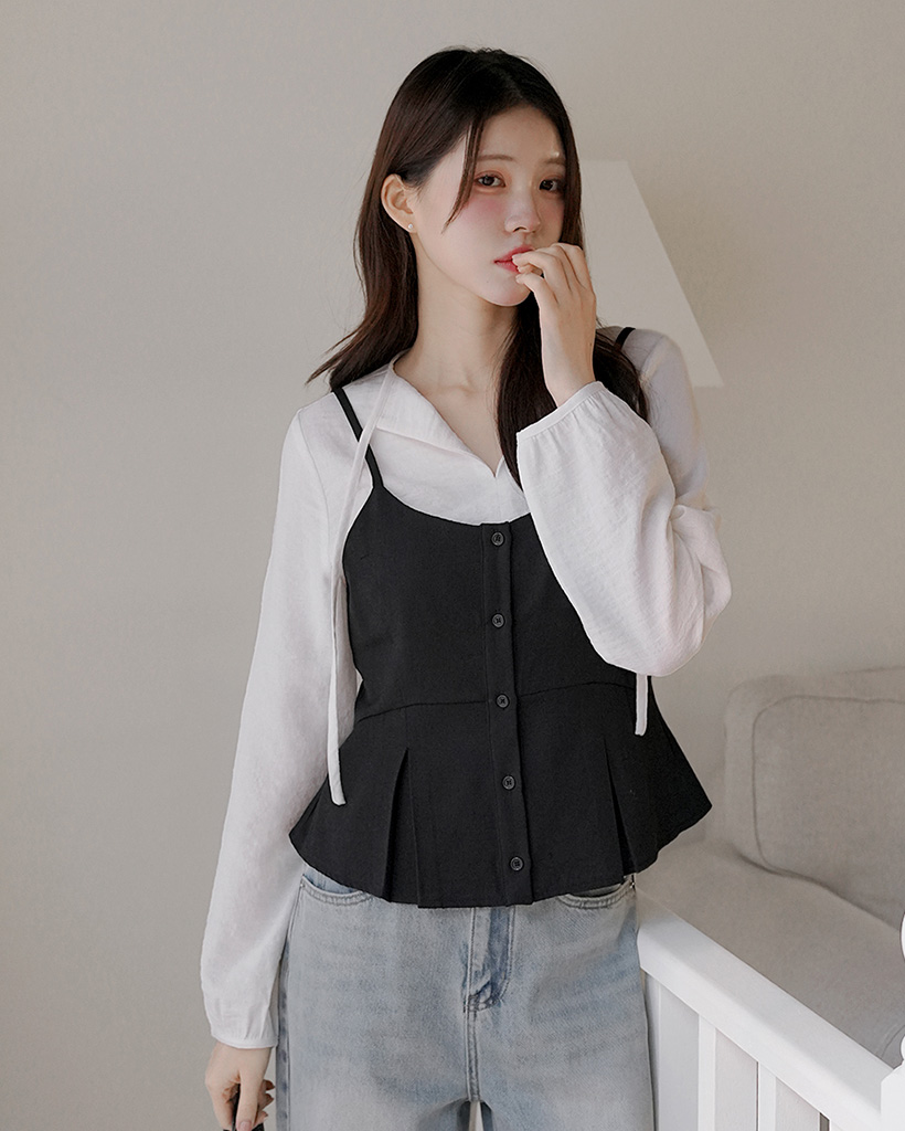 ストラップブラウス＆ボタンペプラムビスチェツーピースセット