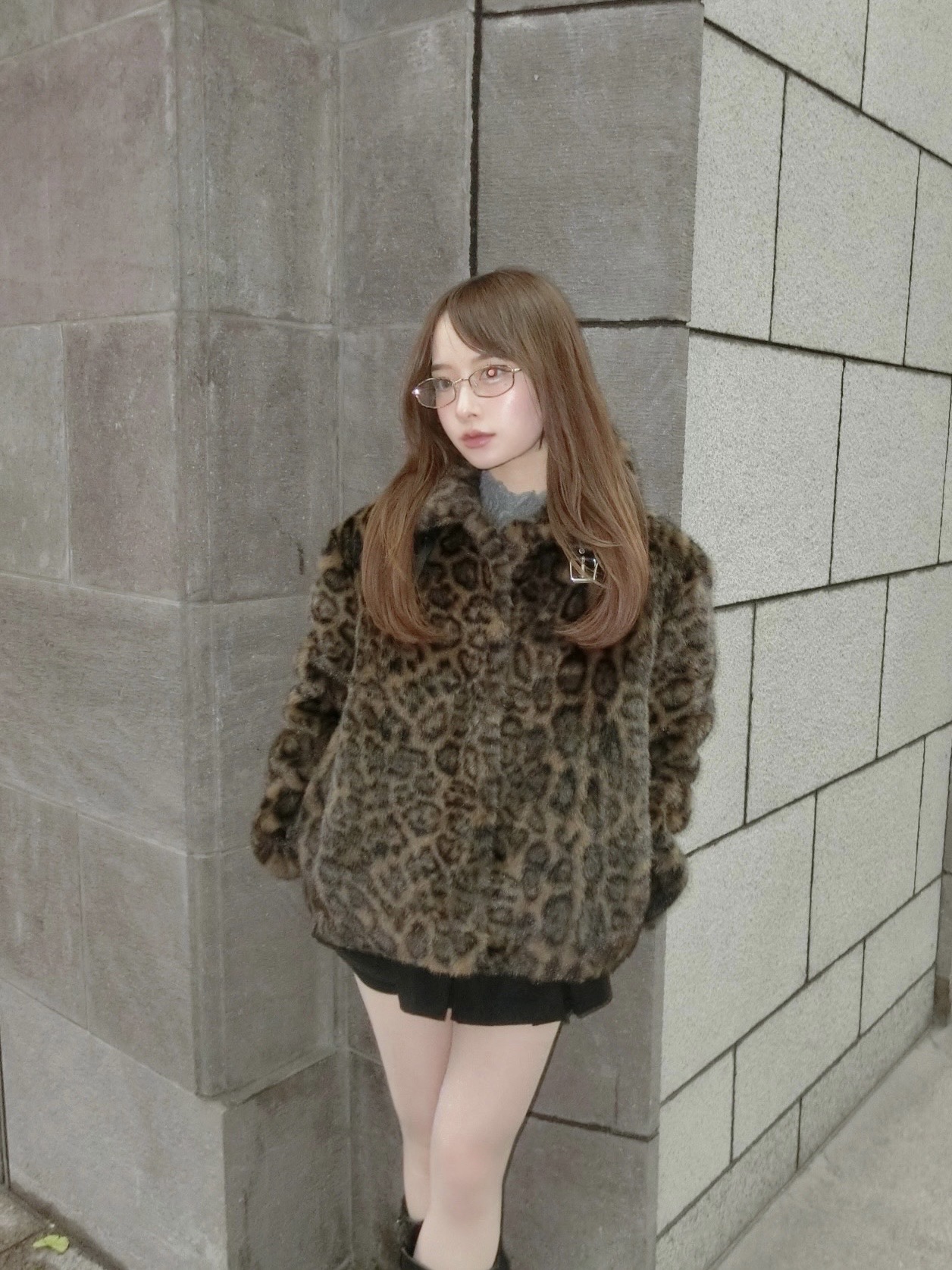 [aina x rolarola] LEOPARD COLLAR FUR JACKET BROWN