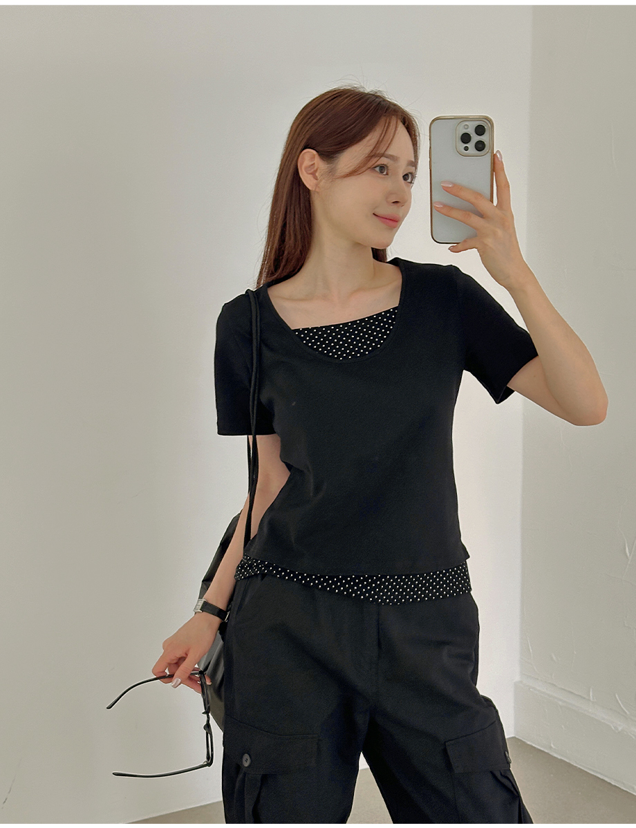 [Tilde seoul] クレバードットシャーリングカラーTシャツ 5˚Cクーリング感] クーリングドット配色半袖Tシャツ