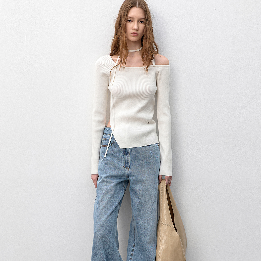 (T-7180)ONE OFF SHOULDER STRAP SLIM FIT KNIT