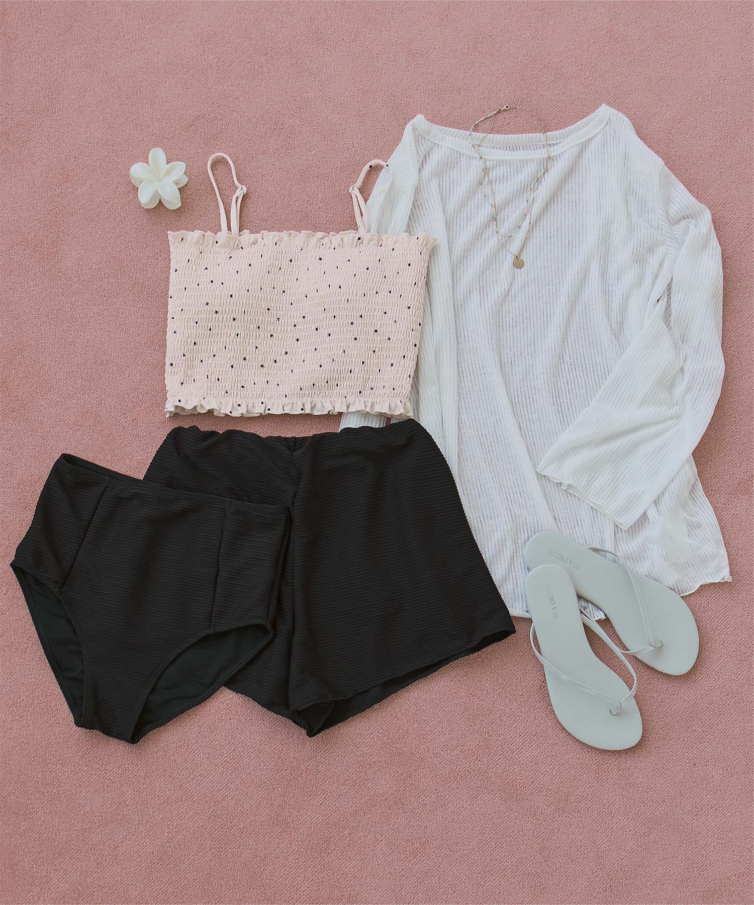 4点セット/長袖トップス付シャーリングビキニ×ショートパンツ/水着