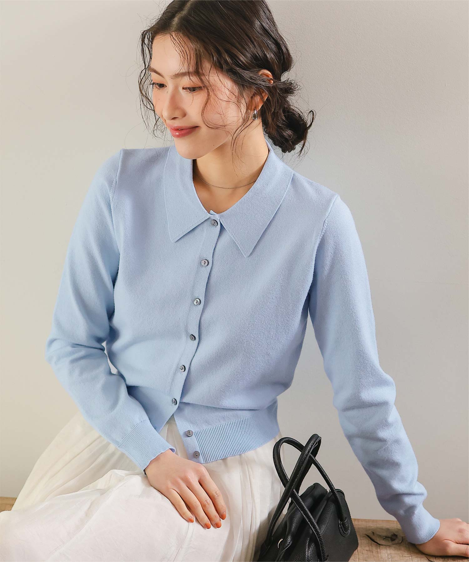 ポロ襟ニットカーディガン/トップス