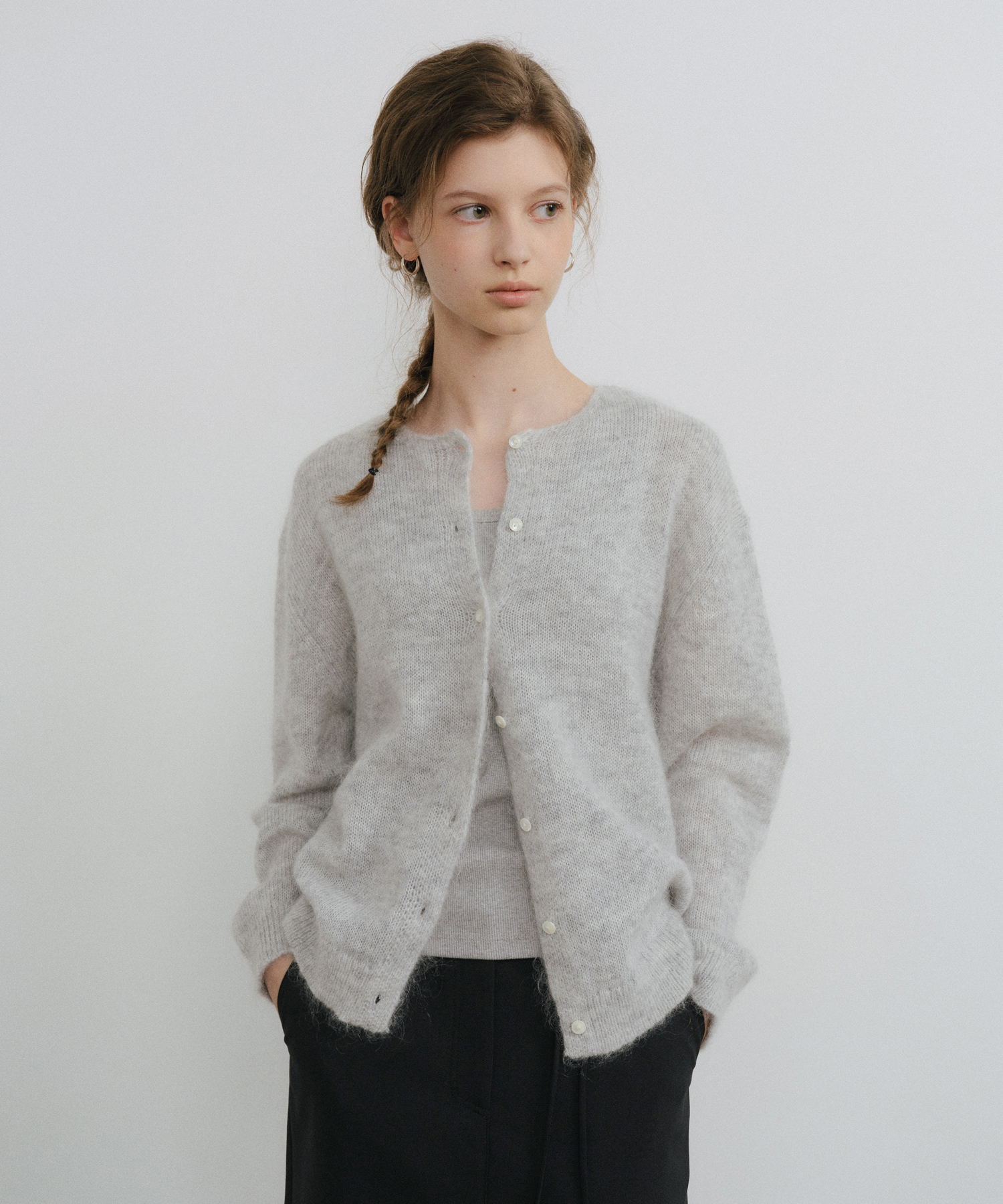 MOHAIR BLENDED ORGANZA FRILL CARDIGAN LIGHT BLUE