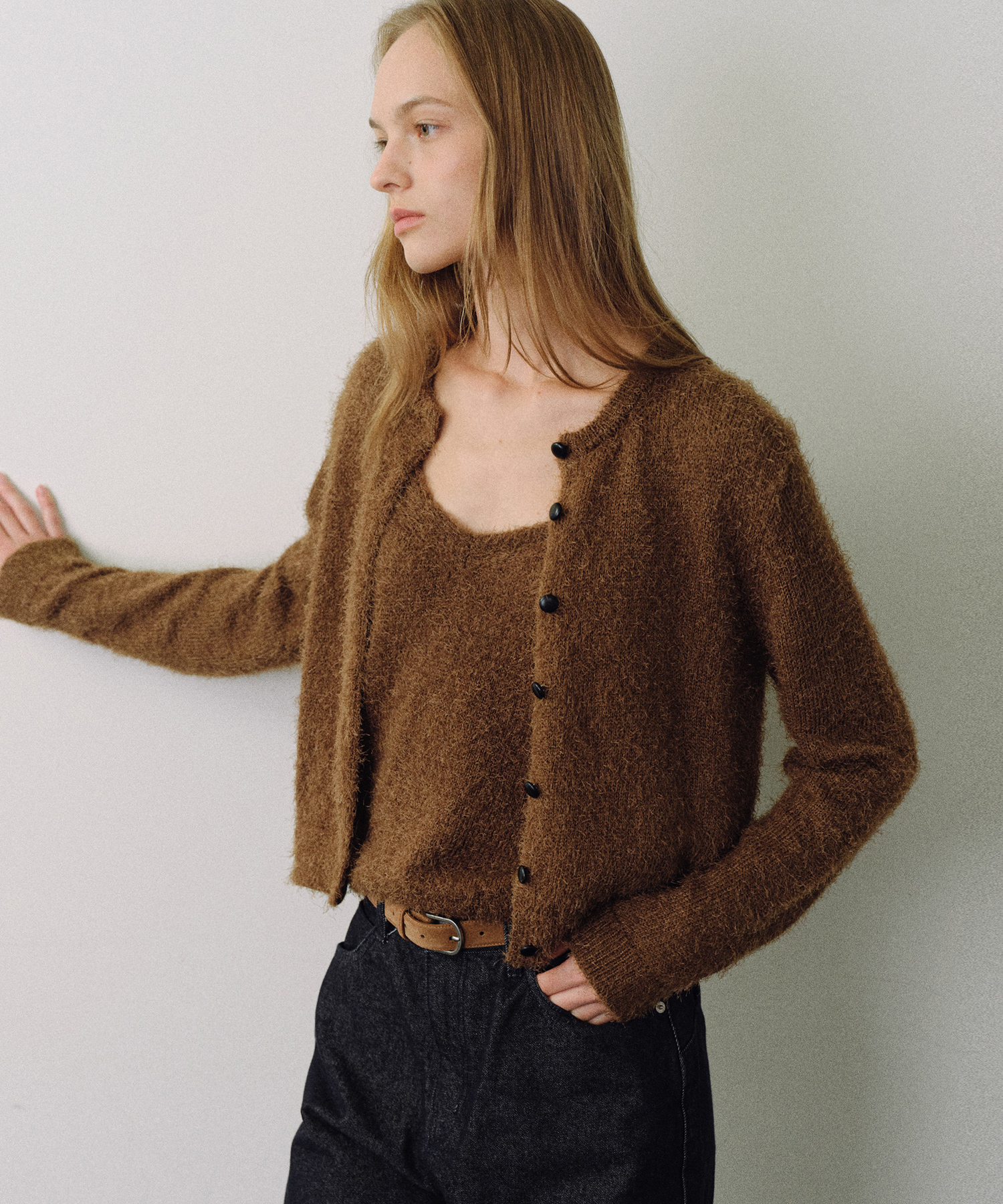 Hairy button knit cardigan_3colors