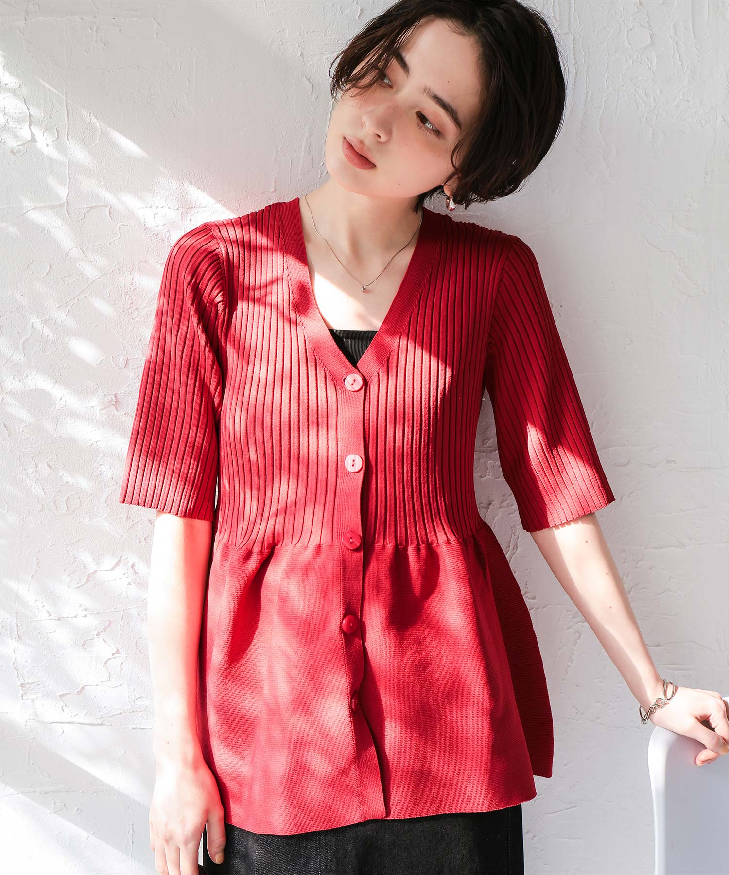 前後2wayハーフスリーブペプラムニットトップス