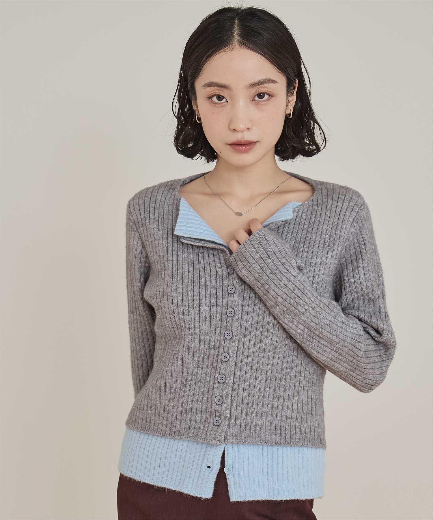 レイヤード配色ニットカーディガン