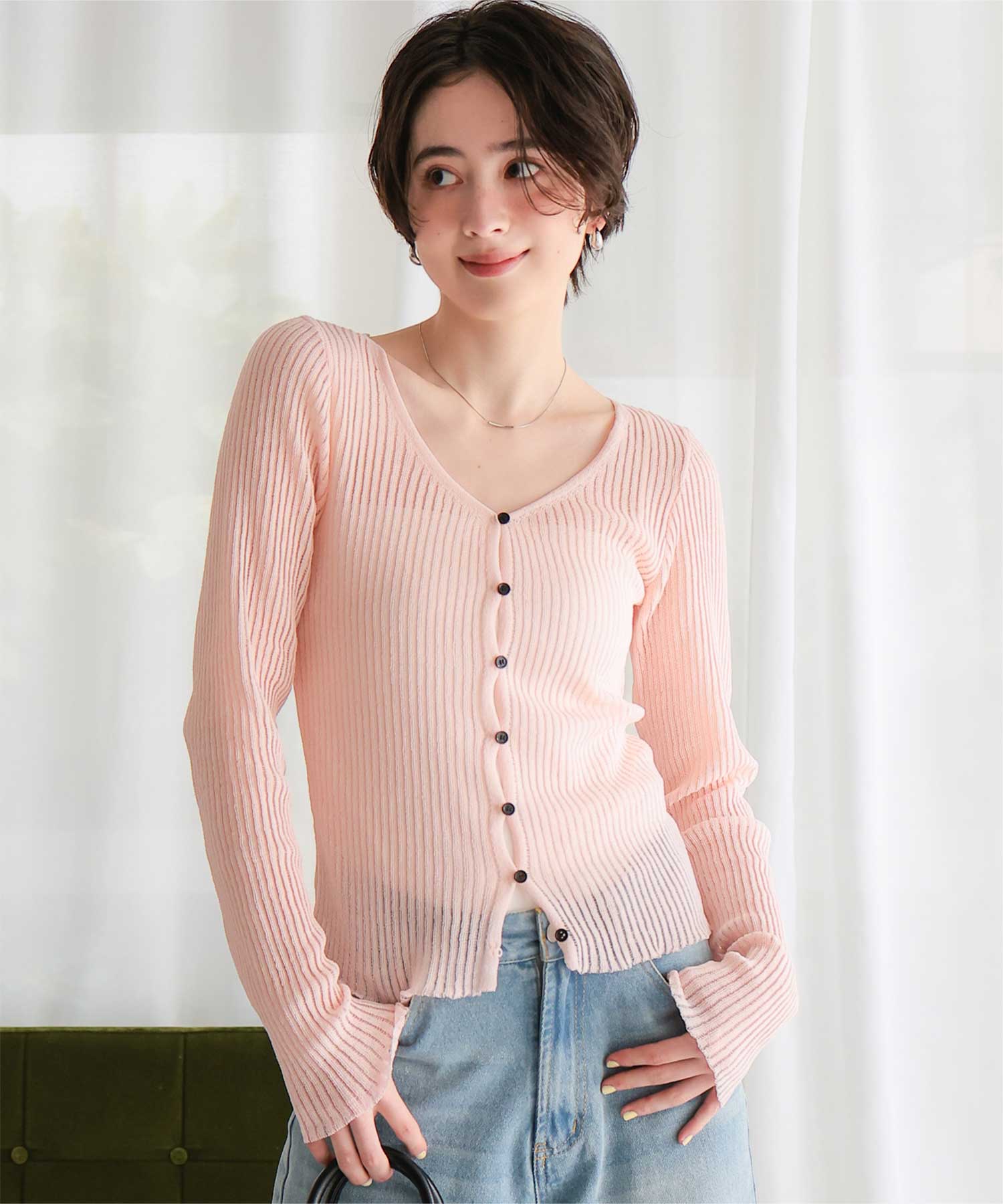 UVケア/ウォッシャブルシアーリブニットカーディガン