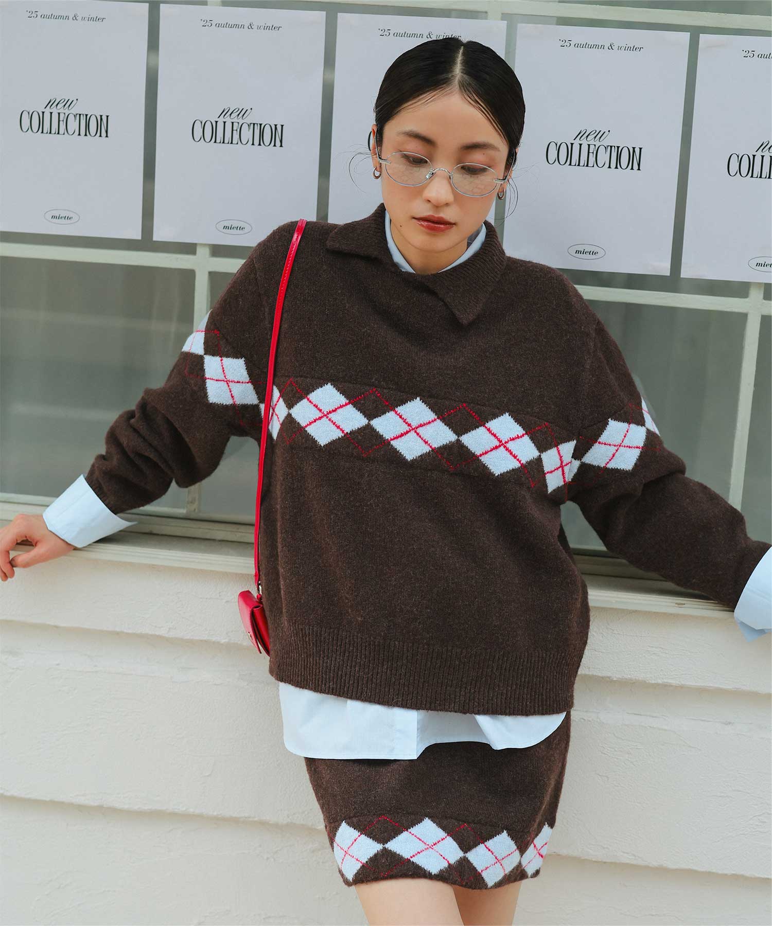 アーガイルアシンメトリーカラーニット