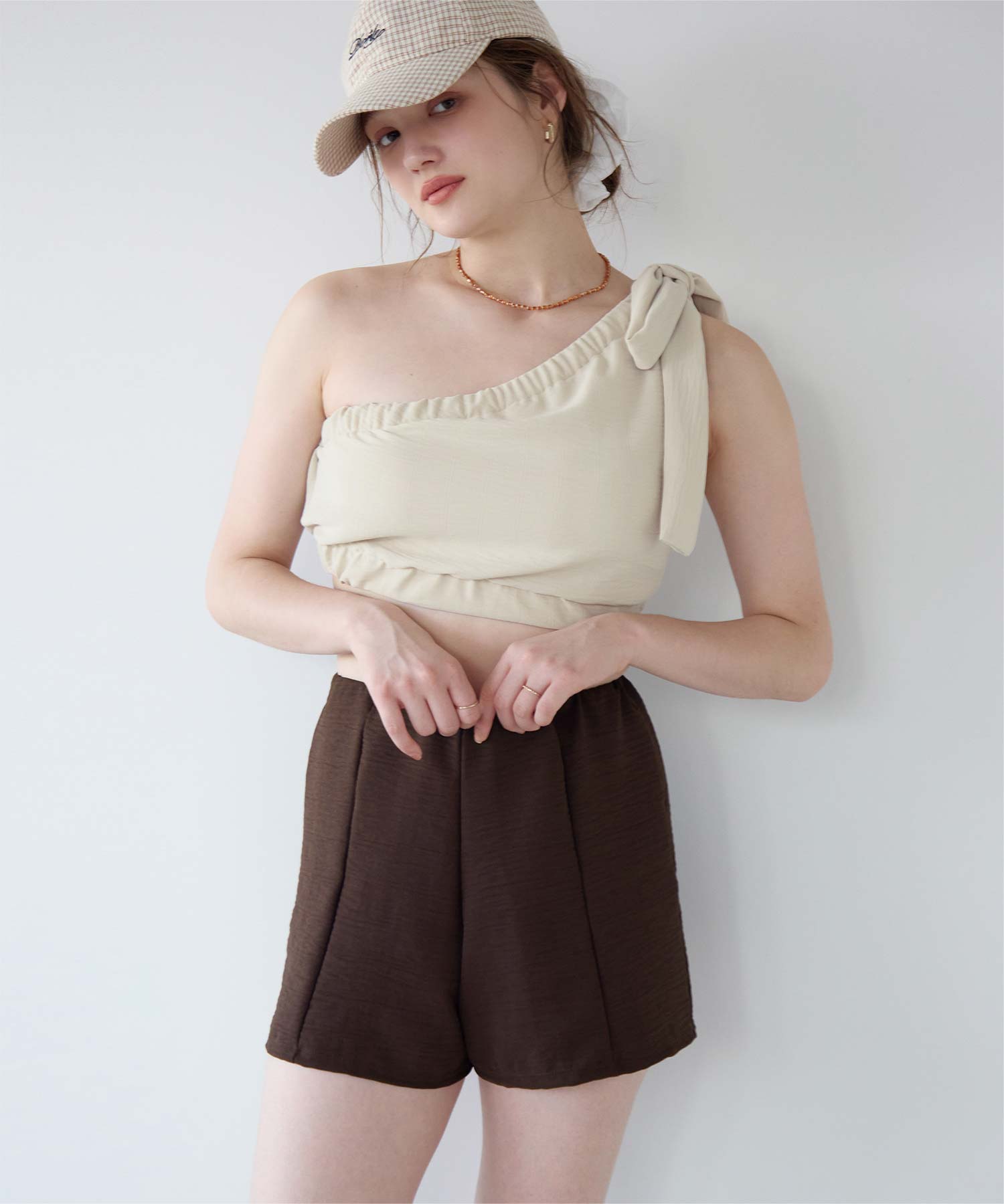 3点セット/ギャザーワンショルダービキニ×ショートパンツ/水着