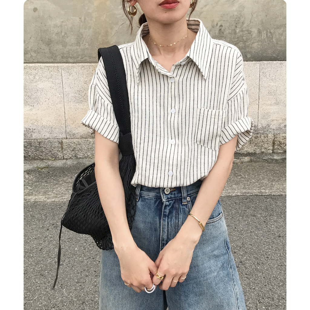 リネンストライプハーフシャツ | ファッション通販サイト NUGU