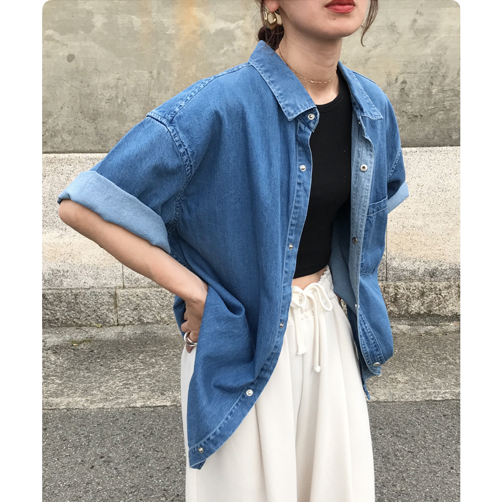 ユニセックス) スナップポケットハーフスリーブデニムシャツ