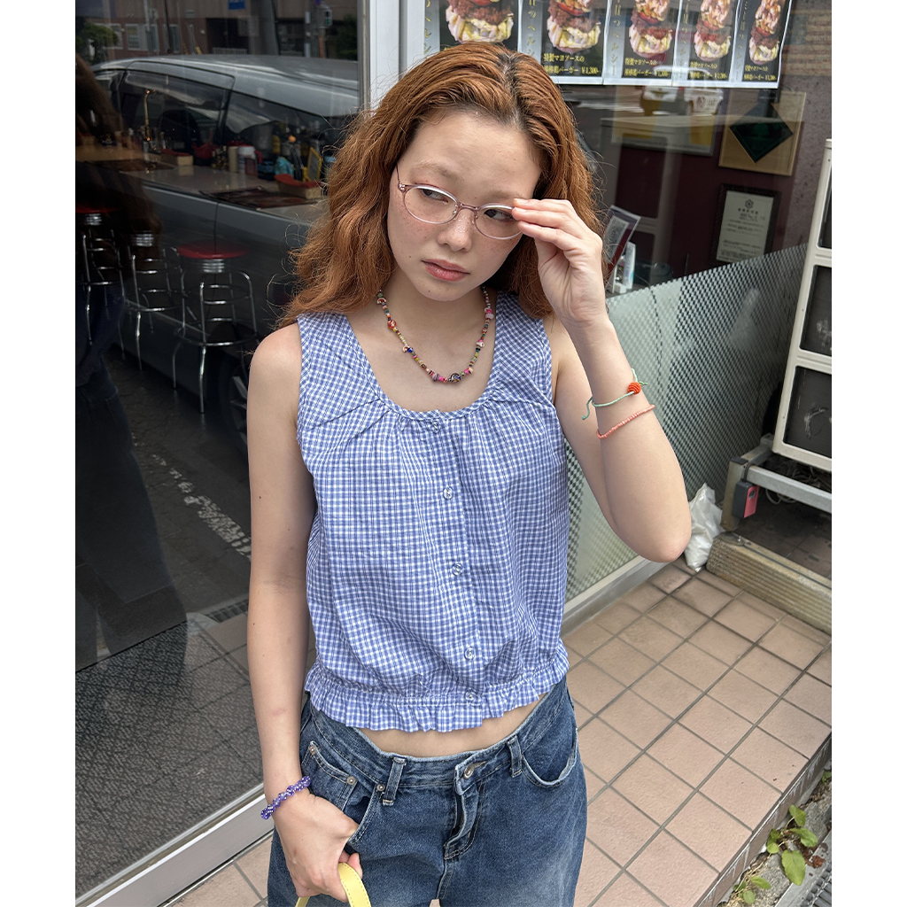 チェックフリルノースリーブブラウス | ファッション通販サイト NUGU