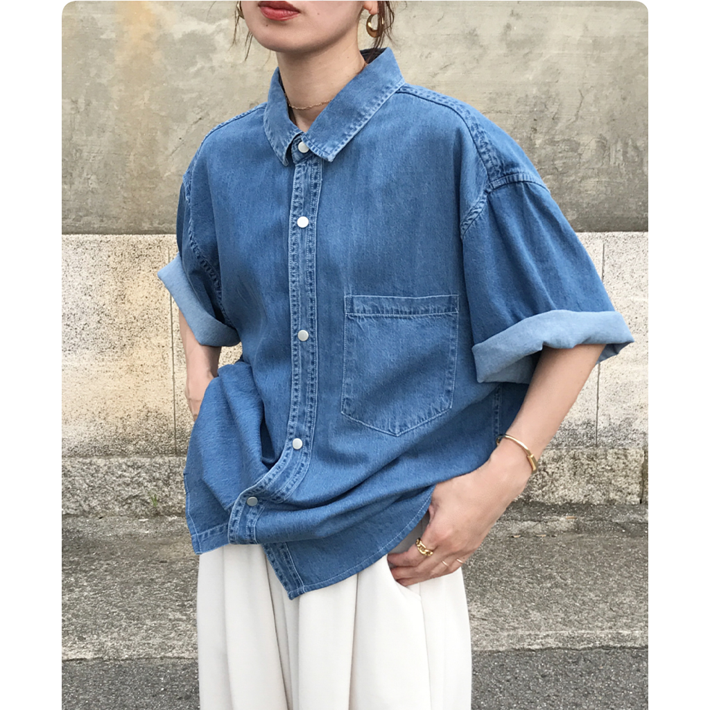 美品✨プリーツプリーズ デニム柄 シャツ サイズ3 L ノースリーブ ブルー 青 綿100％ライトオンスデニムシャツ＜大きいサイズ有＞シック