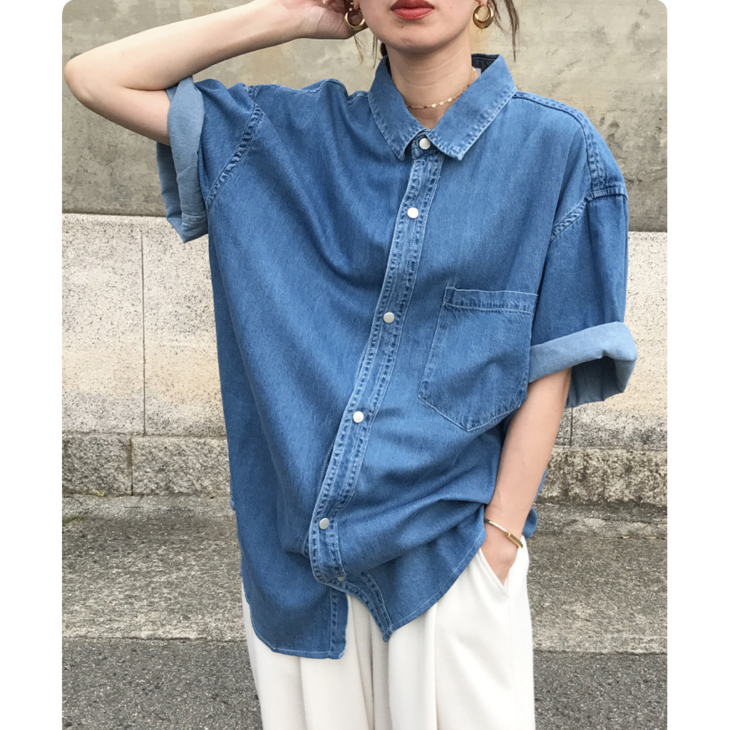 ユニセックス) スナップポケットハーフスリーブデニムシャツ