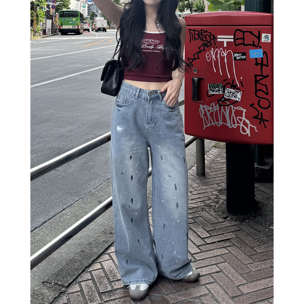 【韓国ファッション】デニムパンツ ワイド イラスト ペイント ペイントワイドデニムパンツ | ファッション通販サイト NUGU
