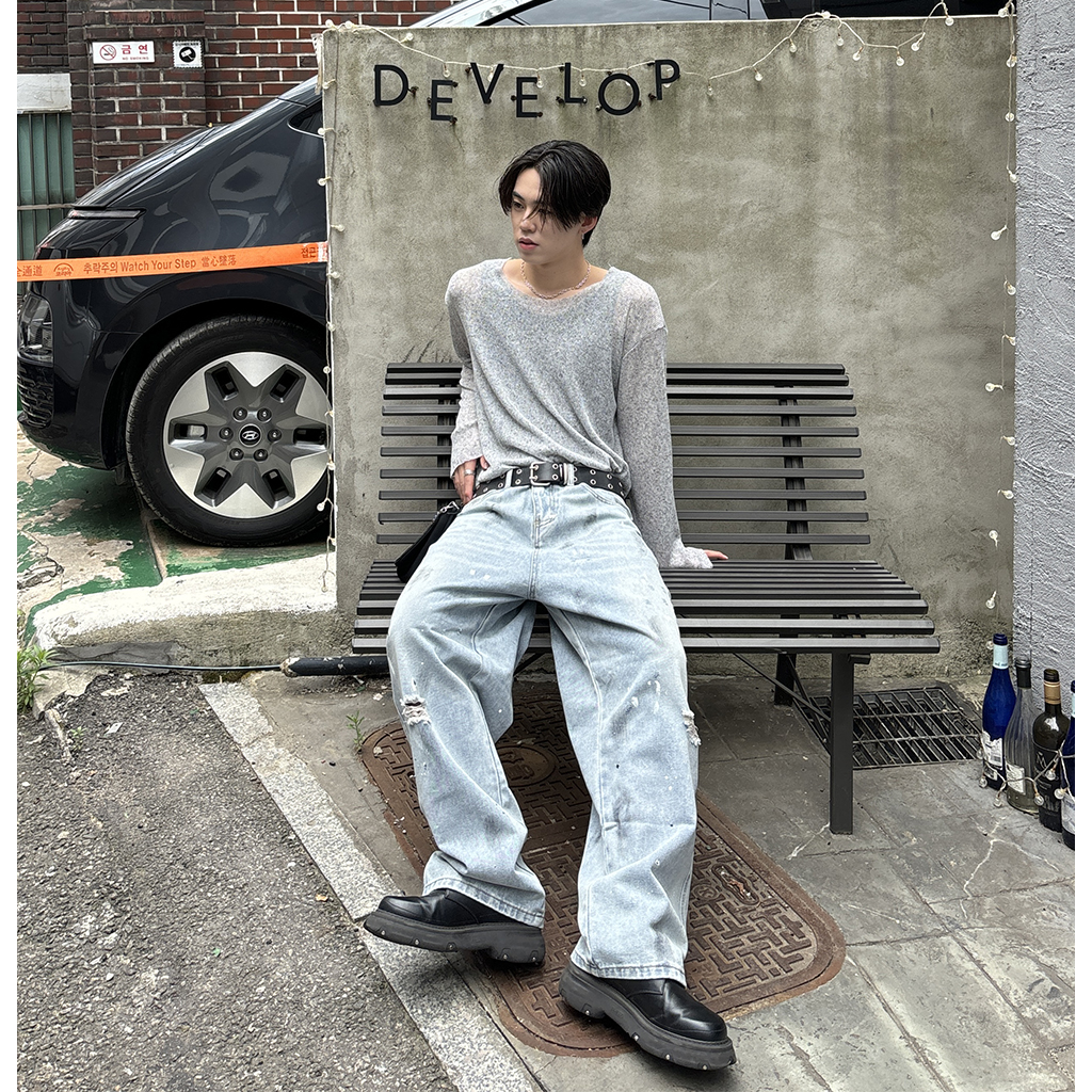 オリジナルペイント入りダメージデニムパンツ ストリングワイドダメージデニムパンツ | ファッション通販
