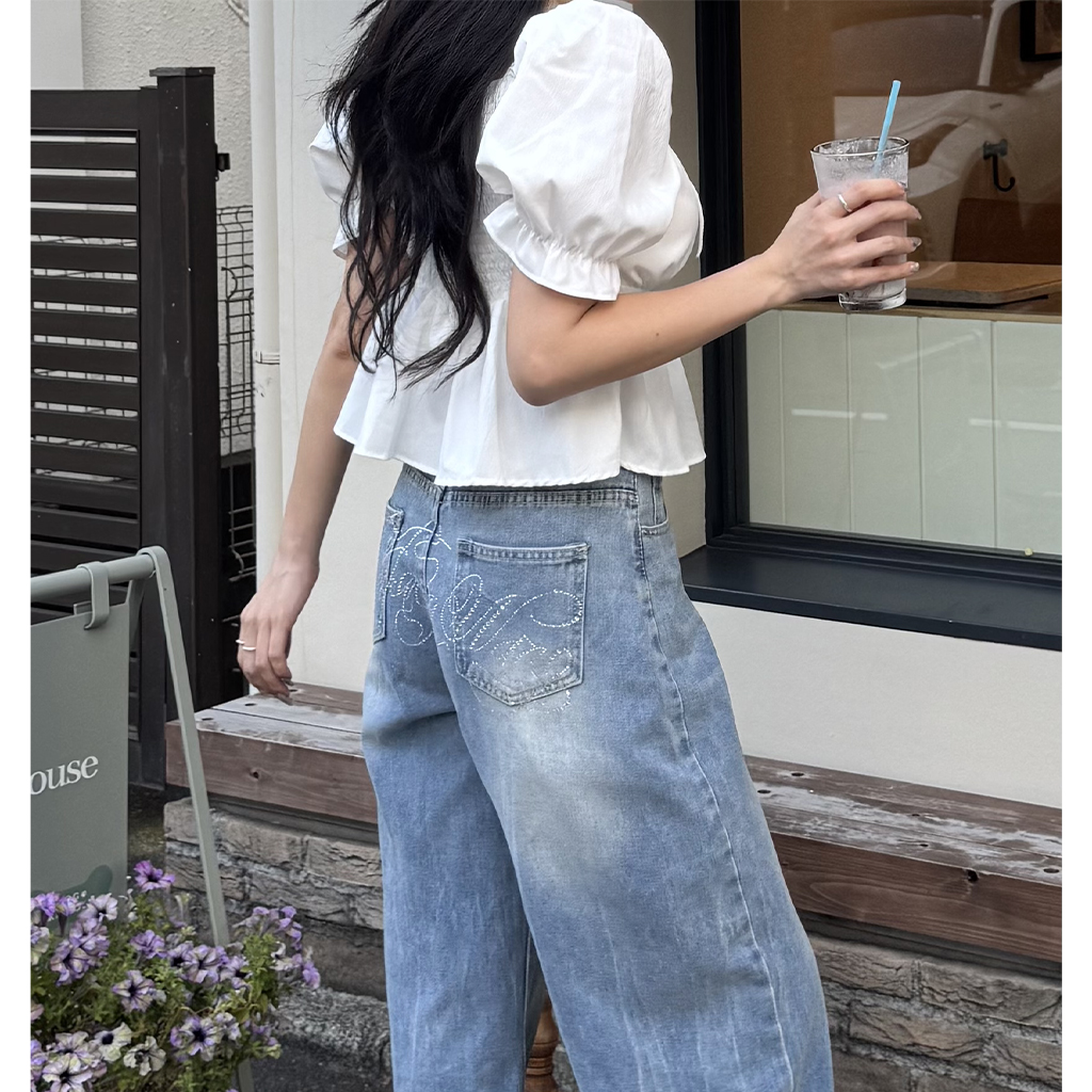 nugu bom バックエンブロイダリーデニムパンツ nugu bom バックエンブロイダリーデニムパンツ