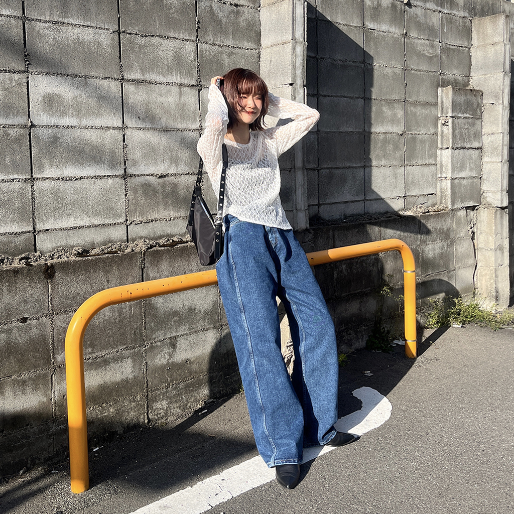 URCH RNAダークブルーデニムワイドレッグパンツ R4294 イージーハイクパンツ(F インディゴワンウォッシュ