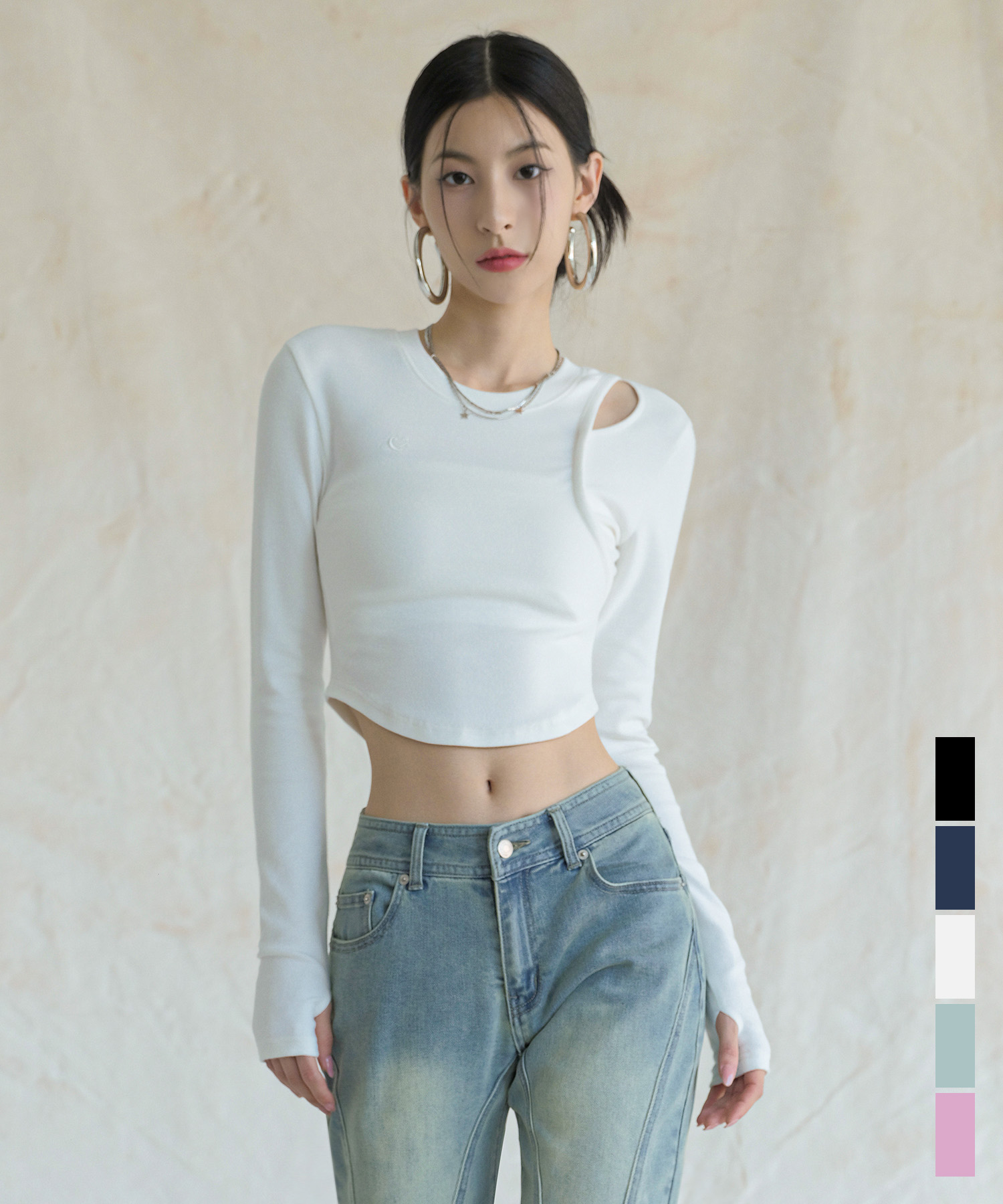 hole-cut Crop Long Sleeve - 5COL
