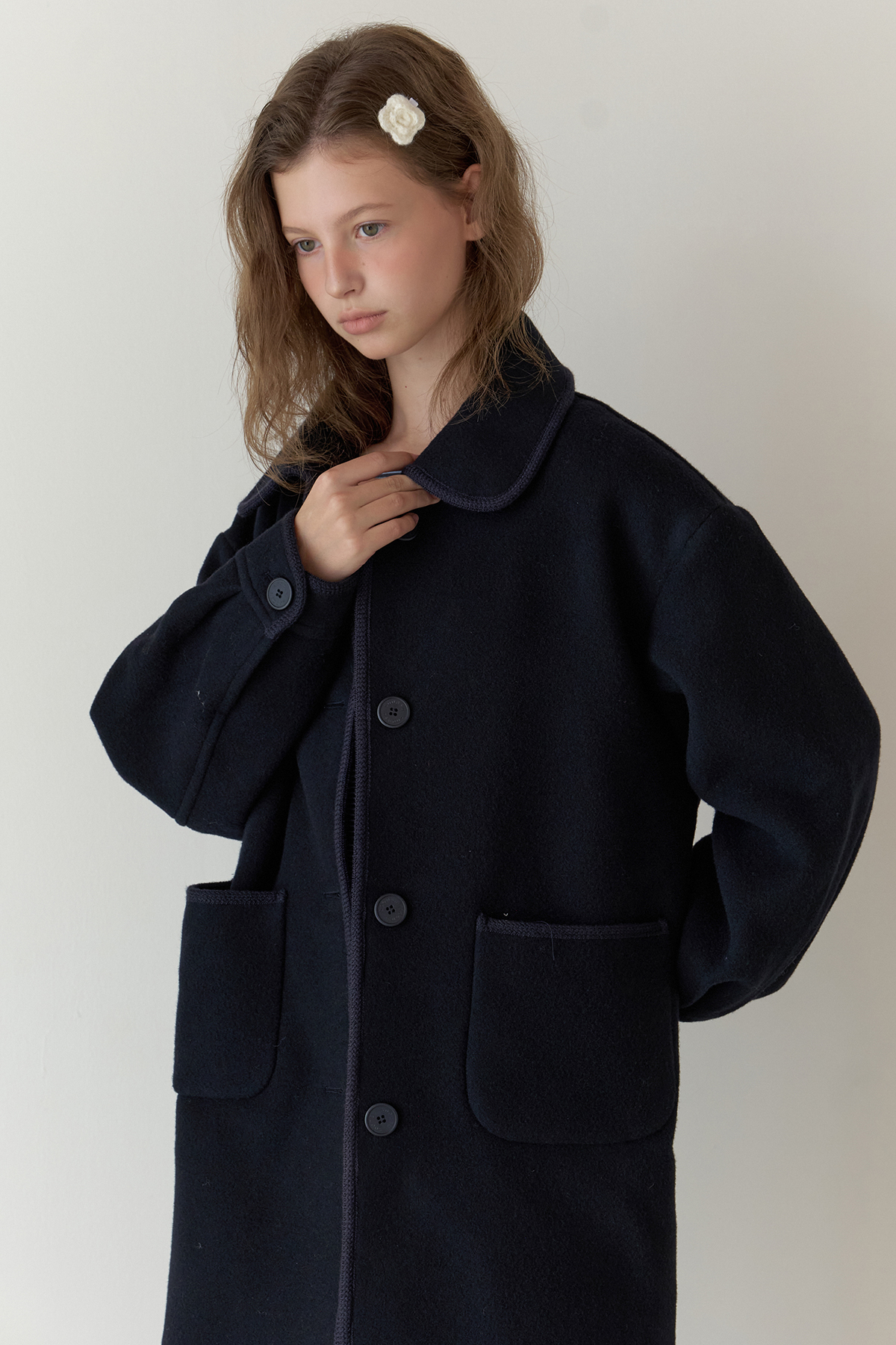 Knit Trim Coat (Navy)