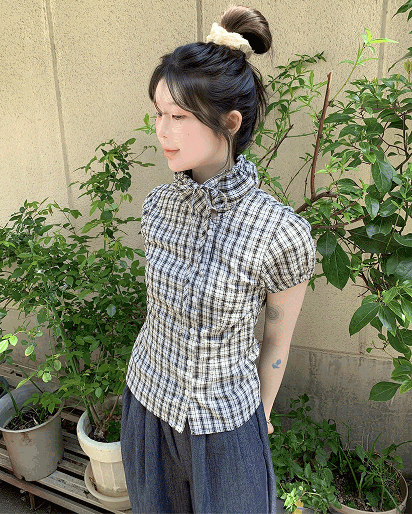 (ORIGINAL) 2wayチェックドローストリングブラウス