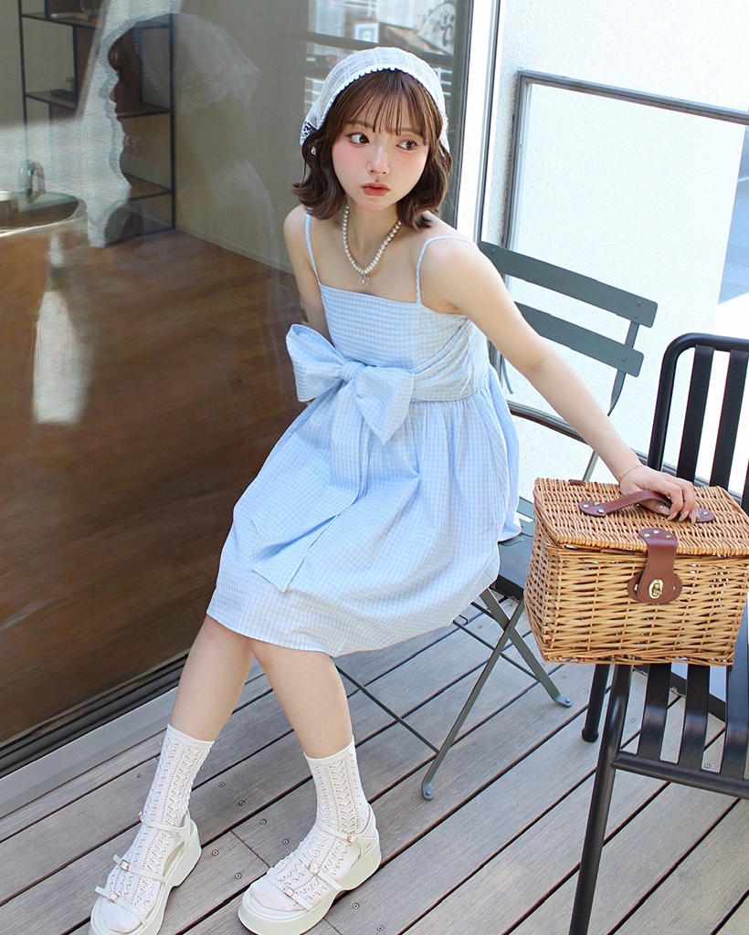 (ORIGINAL) リボンシャーリングミニワンピース