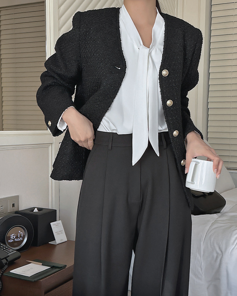 オケージョン】ウールブークレーツイードノーカラージャケット