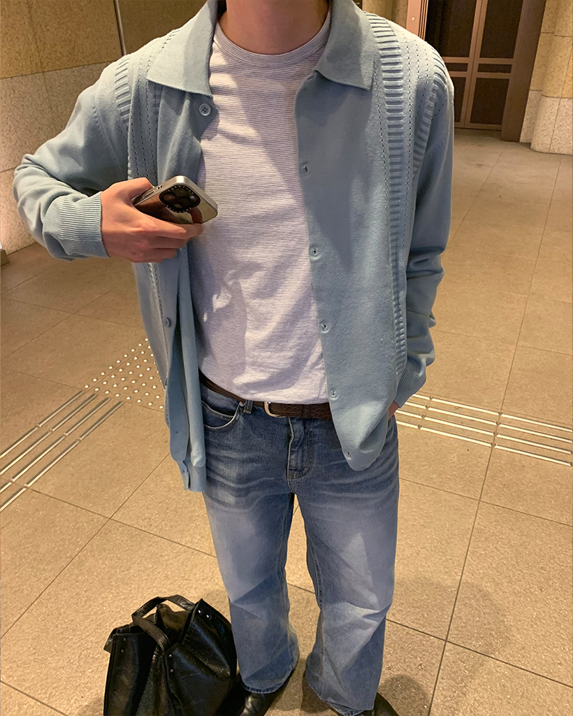 ストライプ ニットポロクロシェカーディガン