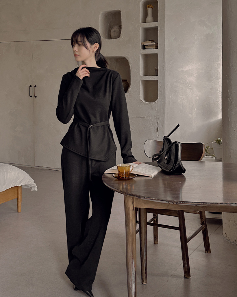 リブピンタックストラップトップス＆ウエストゴムパンツツーピース上下セット