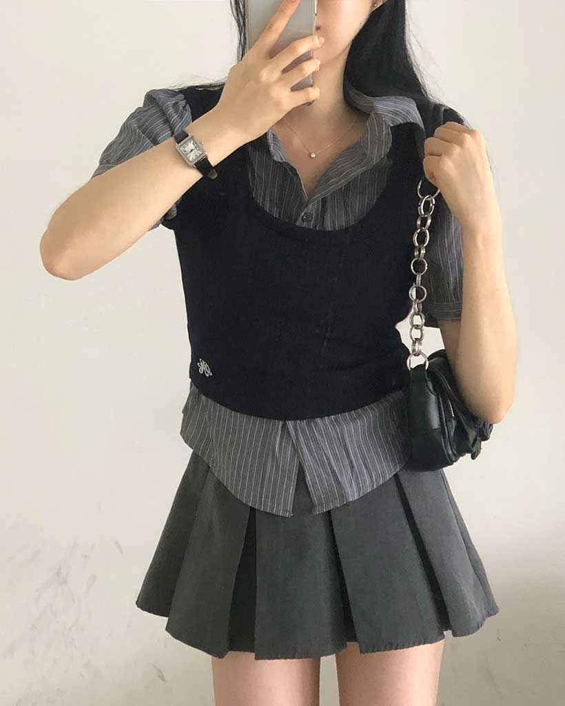 一体型]ストライプニットベストシャツブラウス | ファッション通販  