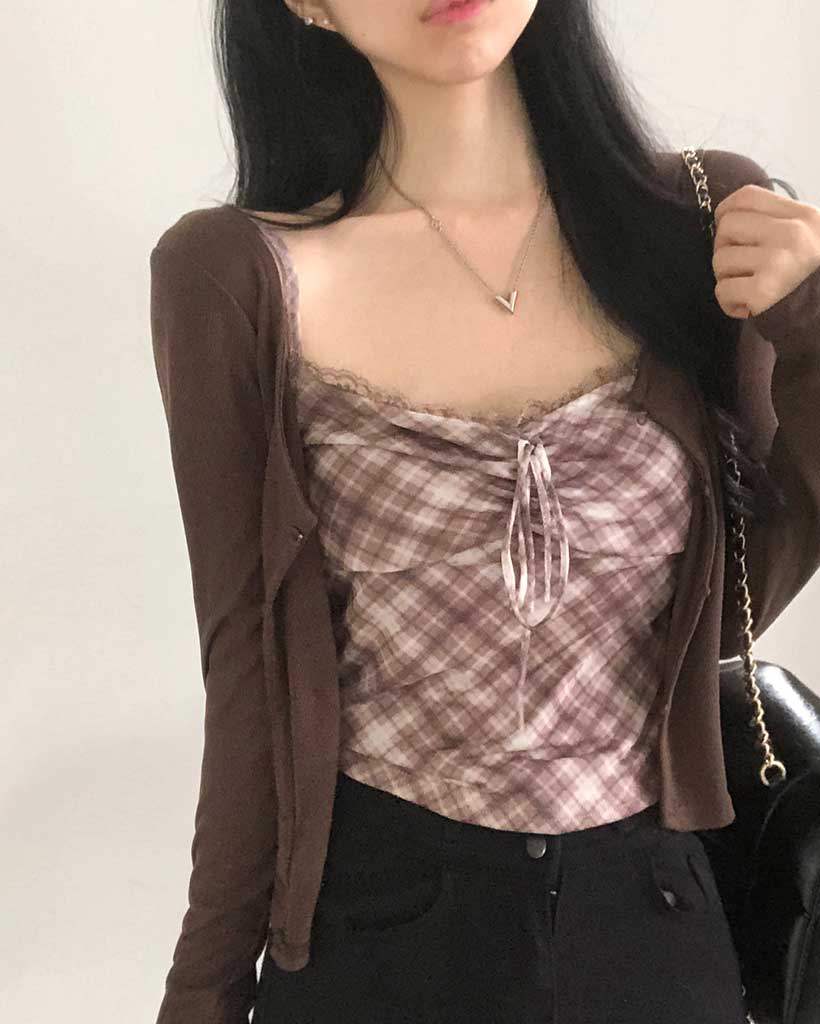 [SET]フレンチチェックレースノースリーブカーディガンセット