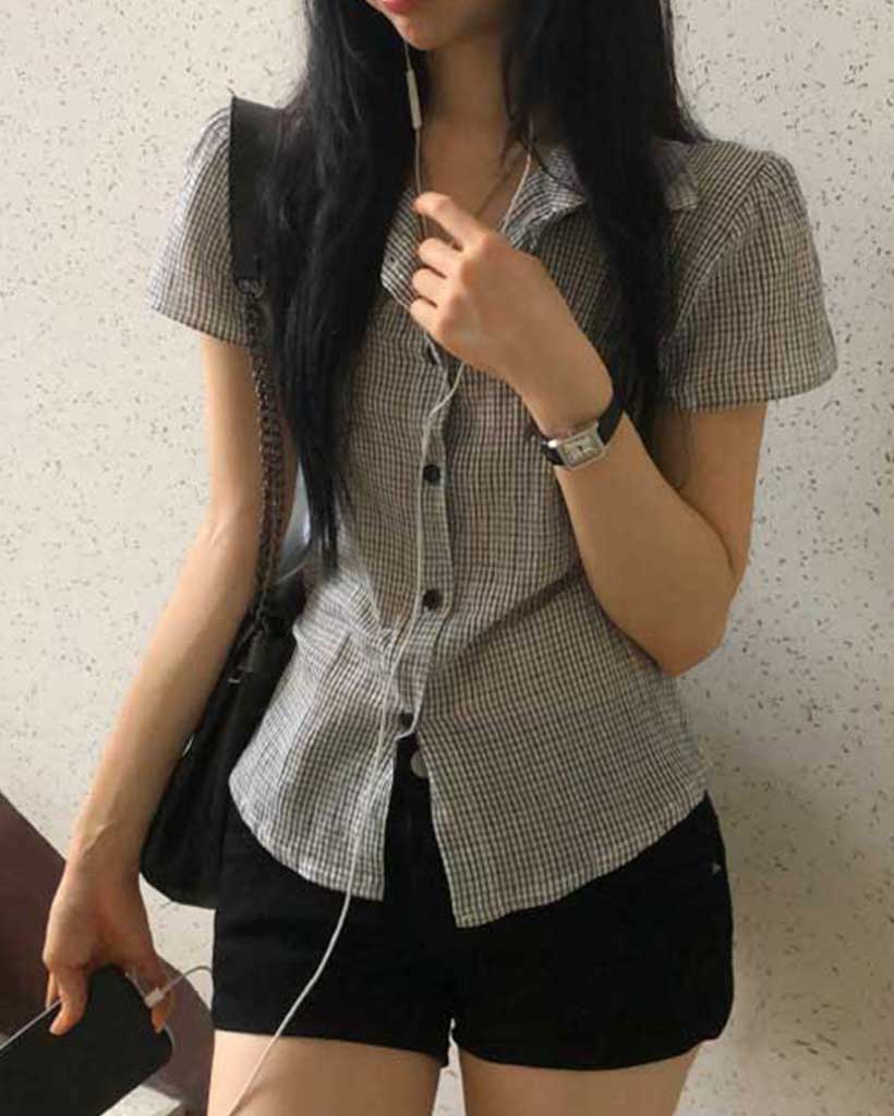 チェック半袖ブラウス