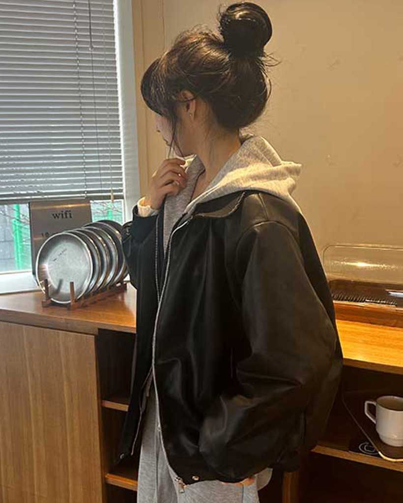 (一体型)(2color)裏ボアフェイクレザーフード ムートンコート