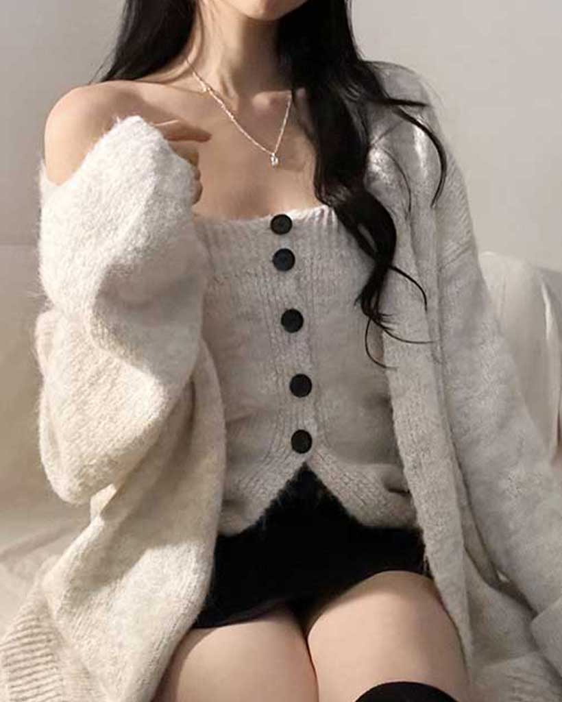 モヘアカーディガンボタントップセット