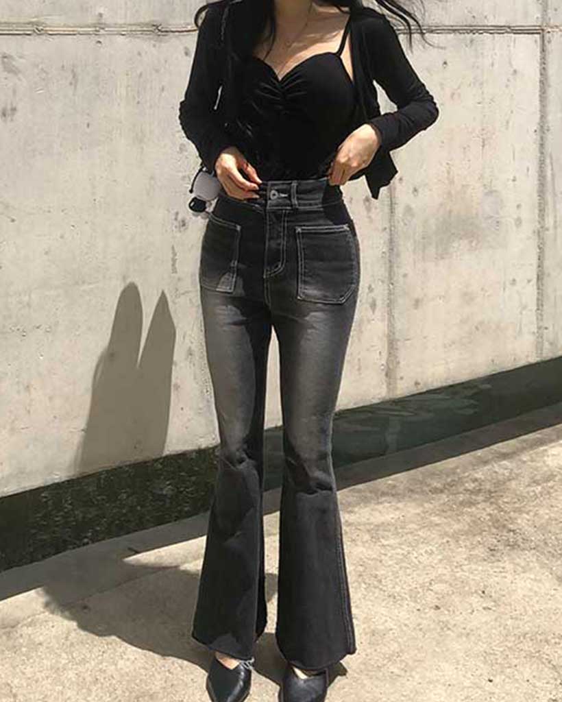 骨盤パッド]スクエアポケットブーツカットデニムパンツ