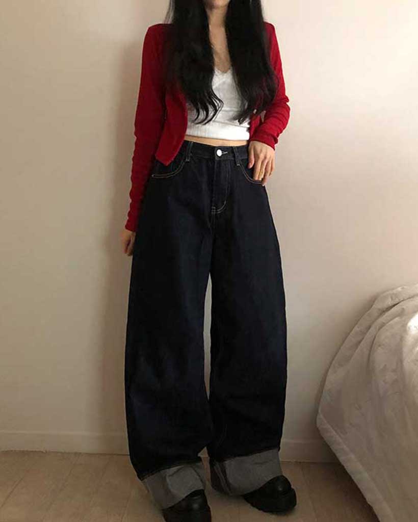 (2color)ロールアップリジッドワイドデニムパンツ