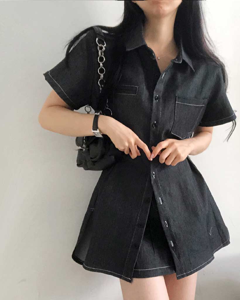 pokkoriD　半袖2点 2ピース]ボタンポケット半袖シャツ＋スカートセット